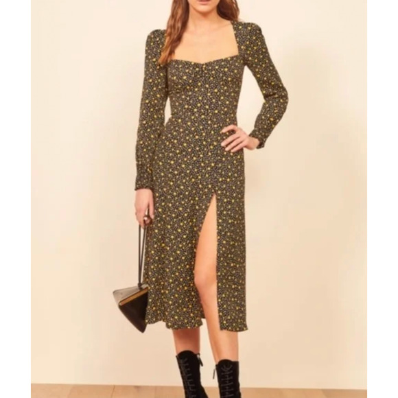 NEW! Reformation 10 Daisy Hunt Midi Dress Long Sleeve Dark Floral Black Yellow - Picture 1 of 9